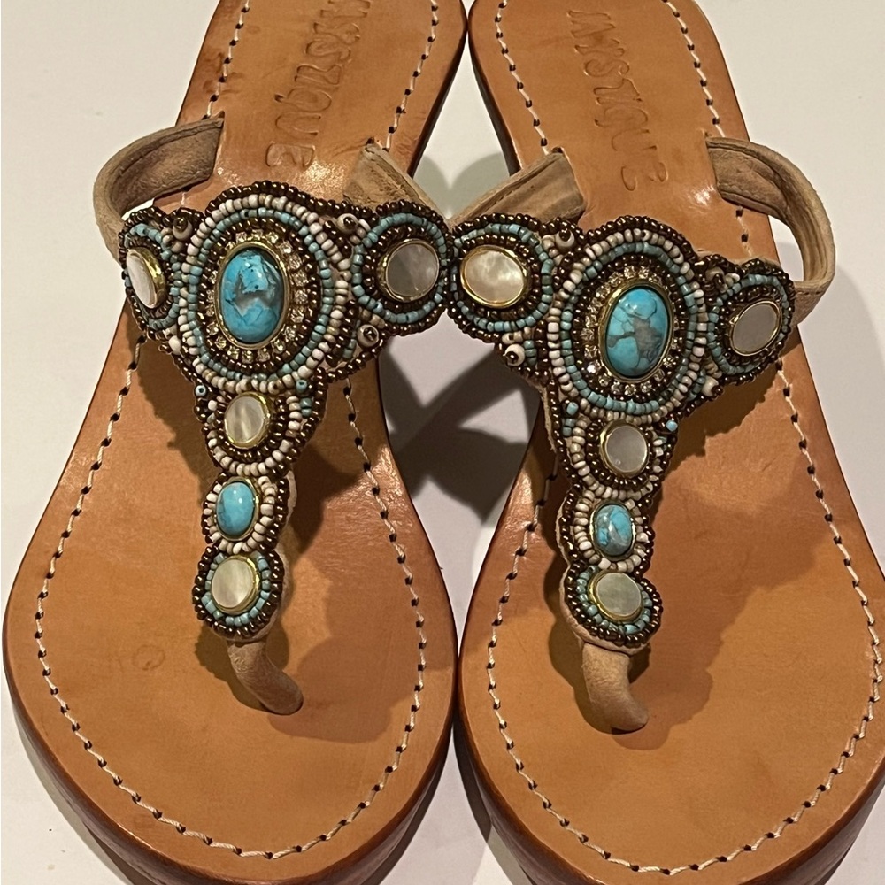 Mystique Blue Sandals Turquoise Jeweled Size 6.5/7 Suede Stones Mother of Pearl